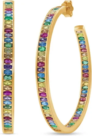 Rainbow Hoop Earrings for Women, 925 Sterling Silver Post Multi-Color Cubic Zirconia 14K Gold Plated Inside-Out Big Circle Hoops Earrings Jewelry Gifts for Women Sensitive Ears
