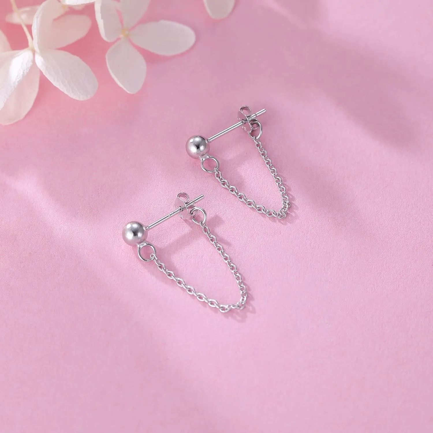 Reffeer Minimalist Ball Earrings with Chain Dangle Earrings for Women Teens Dangle Earrings Studs Cute Solid 925 Sterling Silver Earrings