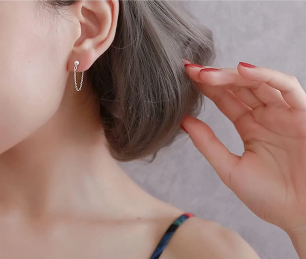 Reffeer Minimalist Ball Earrings with Chain Dangle Earrings for Women Teens Dangle Earrings Studs Cute Solid 925 Sterling Silver Earrings