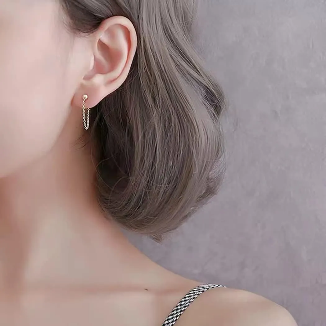 Reffeer Minimalist Ball Earrings with Chain Dangle Earrings for Women Teens Dangle Earrings Studs Cute Solid 925 Sterling Silver Earrings