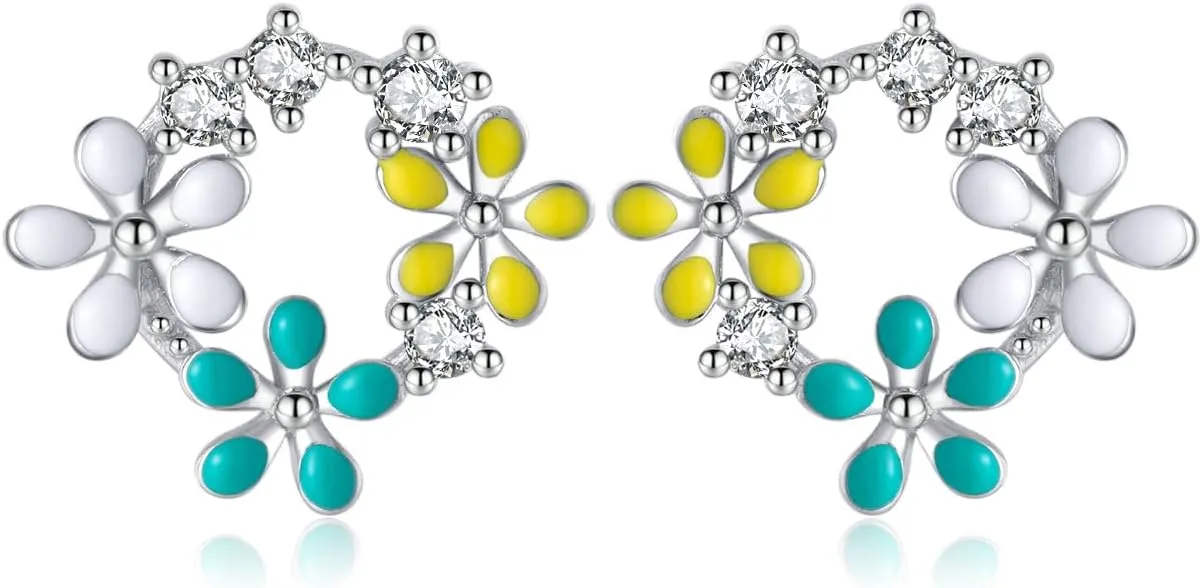 Reffeer Solid 925 Sterling Silver CZ Flower Stud Earrings for Women Teens Flower Spring Stud Earrings