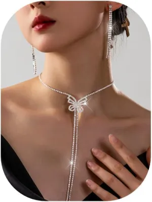 Rhinestone Earrings and Butterfly Necklace with long Tassel Choker Necklace Silver Prom Jewelry Sets for Women