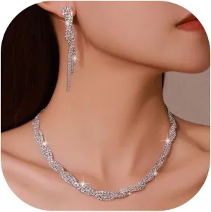 Rhinestone Tassel Earrings and Necklace Sets for Women Crystal Drop Earrings Dangle Bridal Silver Choker Necklace for Wedding Party Prom Jewelry Chain