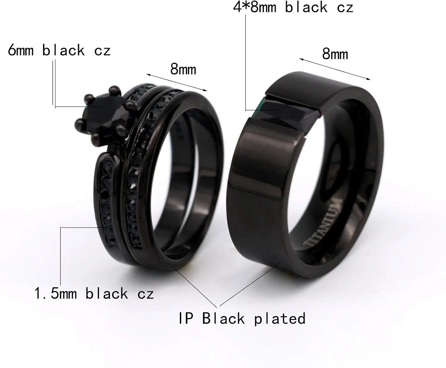 ringheart 2 Rings His and Hers Couple Rings Black Cz Rings Womens Wedding Ring Sets Titanium Steel Mens Wedding Bands