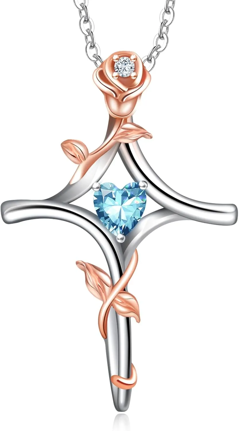 RIVIKO Rose Flower Cross Necklace for Women,925 Sterling Silver Birthstone Necklaces Heart Pendant,Cross Jewelry Anniversary Birthday Gifts for Women Wife Mom Lady