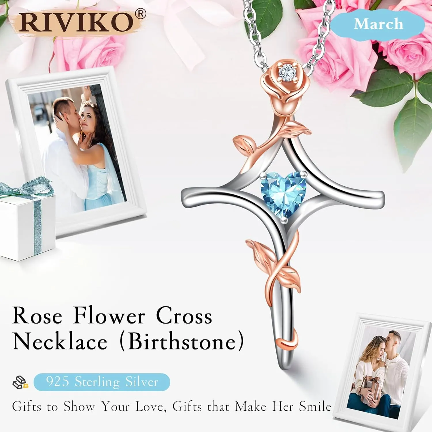 RIVIKO Rose Flower Cross Necklace for Women,925 Sterling Silver Birthstone Necklaces Heart Pendant,Cross Jewelry Anniversary Birthday Gifts for Women Wife Mom Lady