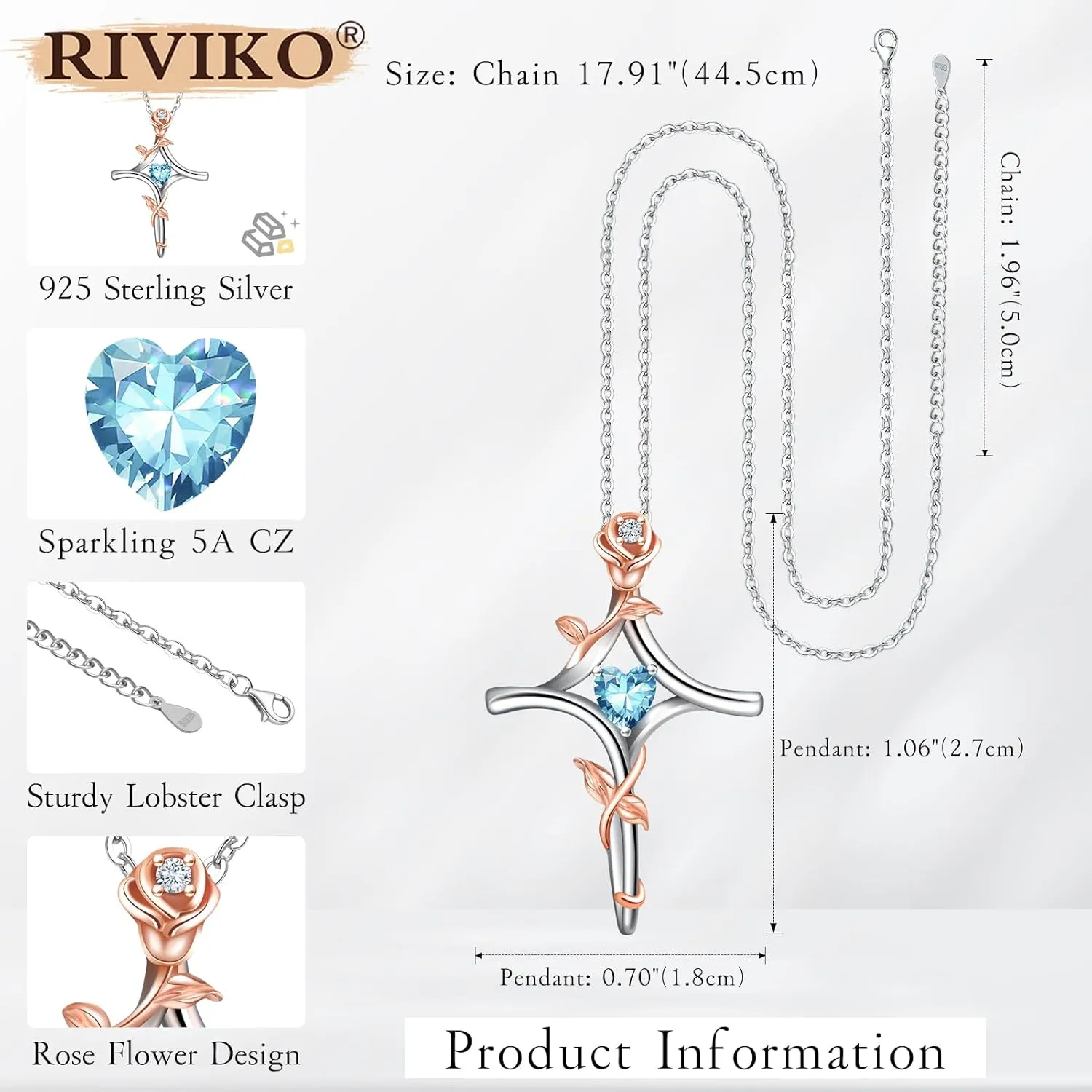 RIVIKO Rose Flower Cross Necklace for Women,925 Sterling Silver Birthstone Necklaces Heart Pendant,Cross Jewelry Anniversary Birthday Gifts for Women Wife Mom Lady