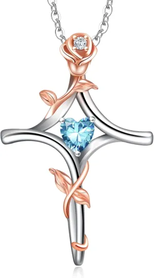 RIVIKO Rose Flower Cross Necklace for Women,925 Sterling Silver Birthstone Necklaces Heart Pendant,Cross Jewelry Anniversary Birthday Gifts for Women Wife Mom Lady