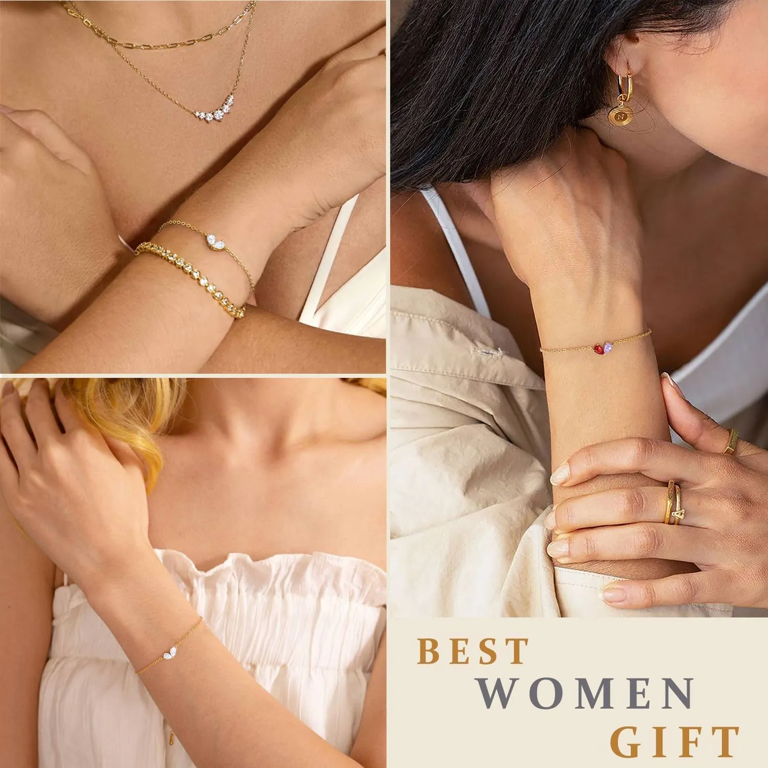 RLMOON Gold Bracelets for Women Dainty 2 Birthstone Bracelets Non tarnish 14K Gold Plated Heart CZ Bracelet for Mother and Daughter Anniversary Birthday Jewelry Gift