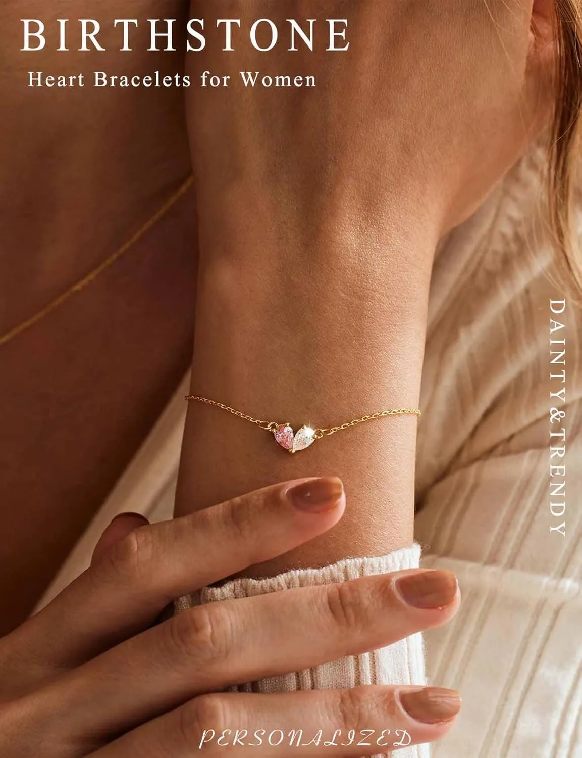 RLMOON Gold Bracelets for Women Dainty 2 Birthstone Bracelets Non tarnish 14K Gold Plated Heart CZ Bracelet for Mother and Daughter Anniversary Birthday Jewelry Gift