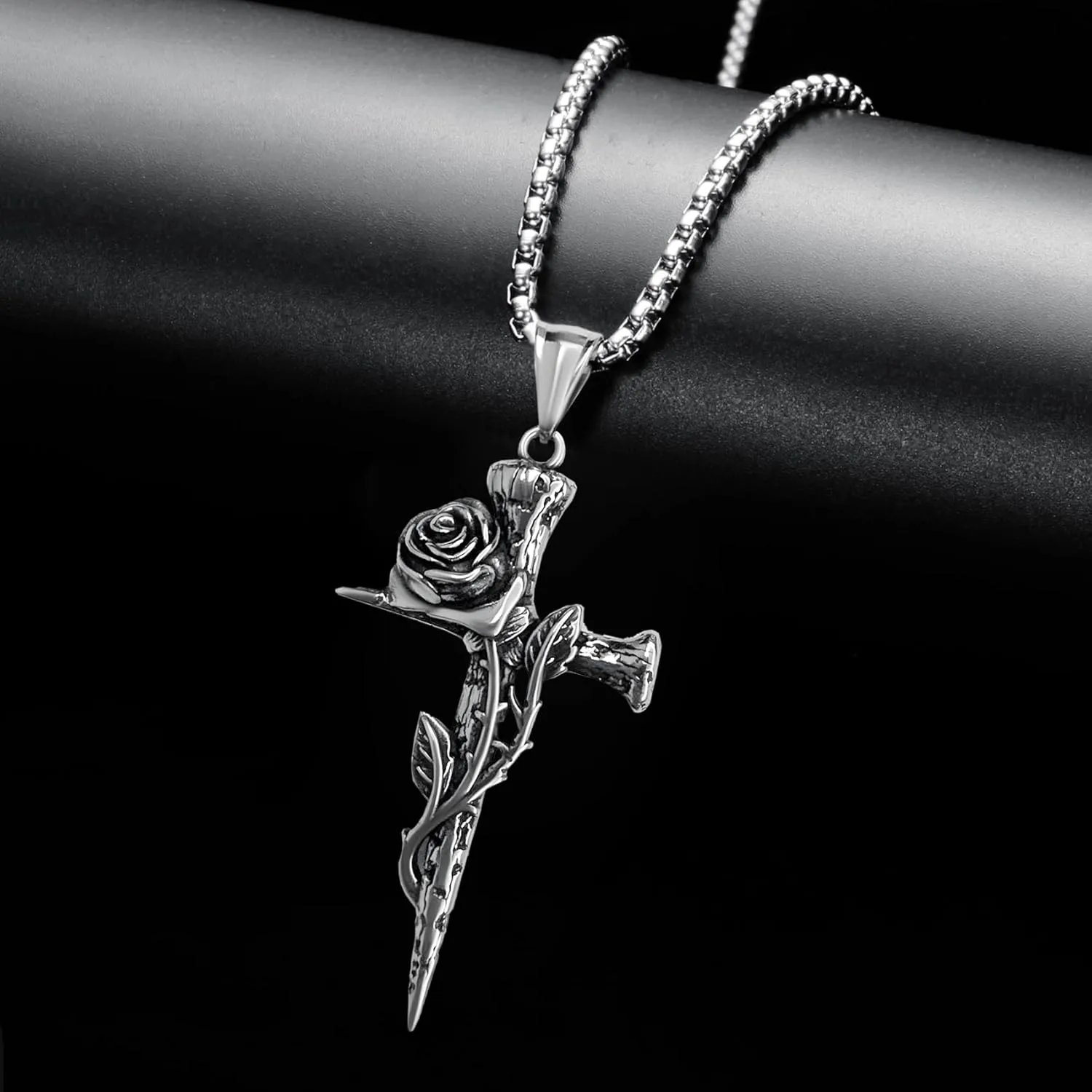 Rose Cross Necklaces for Men Cross Chain for Men&Women Silver Stainless Steel Cross Pendant for Men Double-sided Detachable Nail Cross Pendant