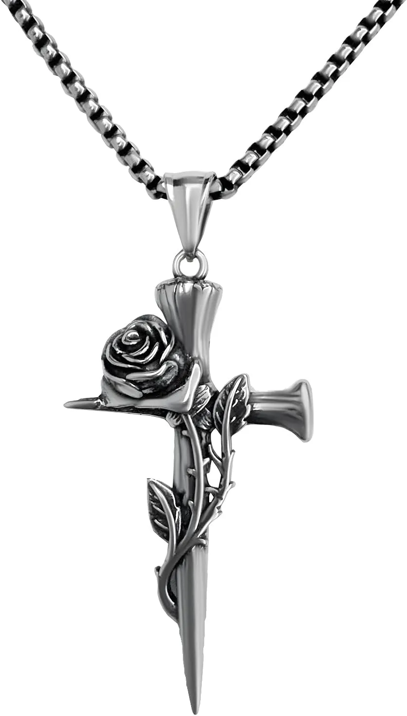 Rose Cross Necklaces for Men Cross Chain for Men&Women Silver Stainless Steel Cross Pendant for Men Double-sided Detachable Nail Cross Pendant