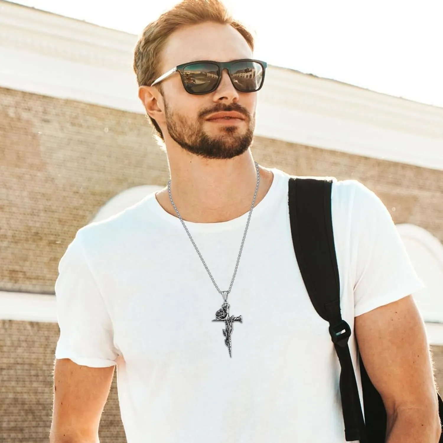 Rose Cross Necklaces for Men Cross Chain for Men&Women Silver Stainless Steel Cross Pendant for Men Double-sided Detachable Nail Cross Pendant