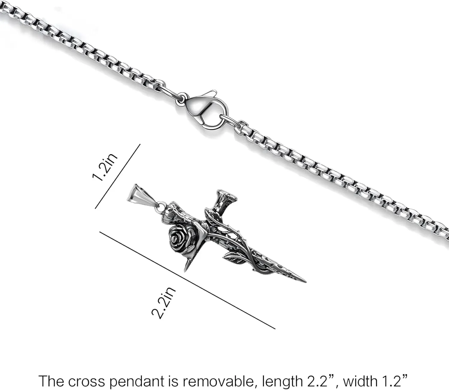Rose Cross Necklaces for Men Cross Chain for Men&Women Silver Stainless Steel Cross Pendant for Men Double-sided Detachable Nail Cross Pendant