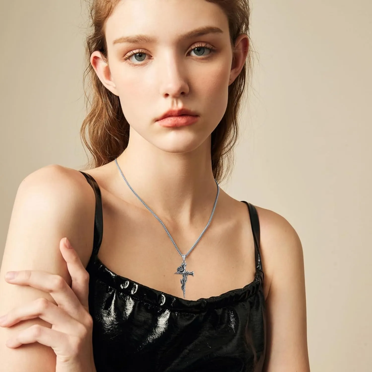 Rose Cross Necklaces for Men Cross Chain for Men&Women Silver Stainless Steel Cross Pendant for Men Double-sided Detachable Nail Cross Pendant