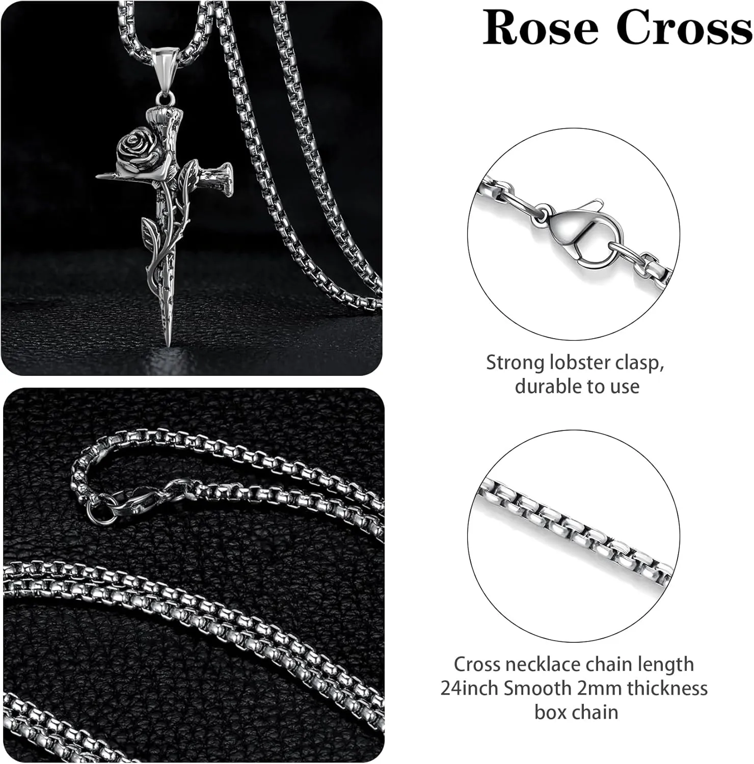 Rose Cross Necklaces for Men Cross Chain for Men&Women Silver Stainless Steel Cross Pendant for Men Double-sided Detachable Nail Cross Pendant