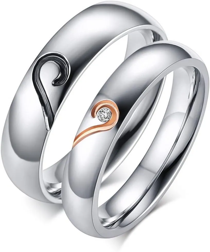 ROWAG 5MM Stainless Steel Mens Promise Heart Shape Couple Wedding Rings 4MM Womens Cubic Zirconia CZ for Him and Her Engagement Bands