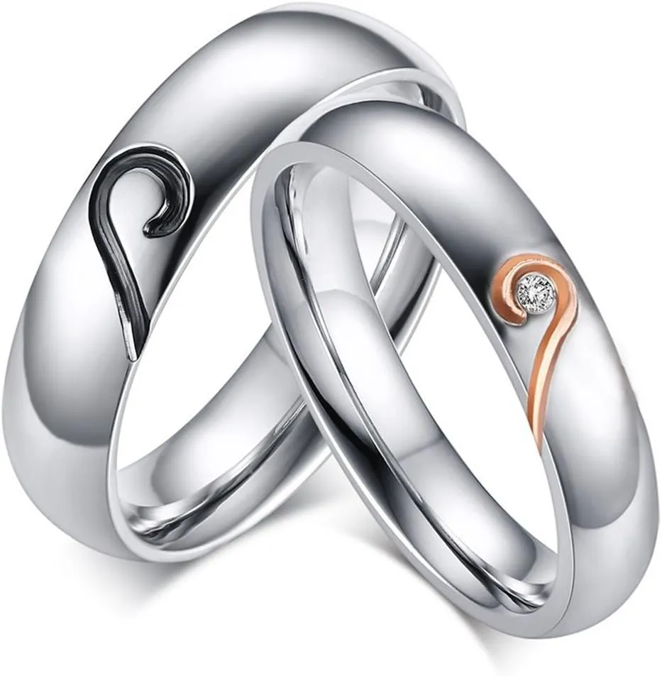 ROWAG 5MM Stainless Steel Mens Promise Heart Shape Couple Wedding Rings 4MM Womens Cubic Zirconia CZ for Him and Her Engagement Bands
