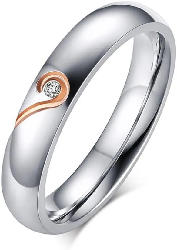ROWAG 5MM Stainless Steel Mens Promise Heart Shape Couple Wedding Rings 4MM Womens Cubic Zirconia CZ for Him and Her Engagement Bands