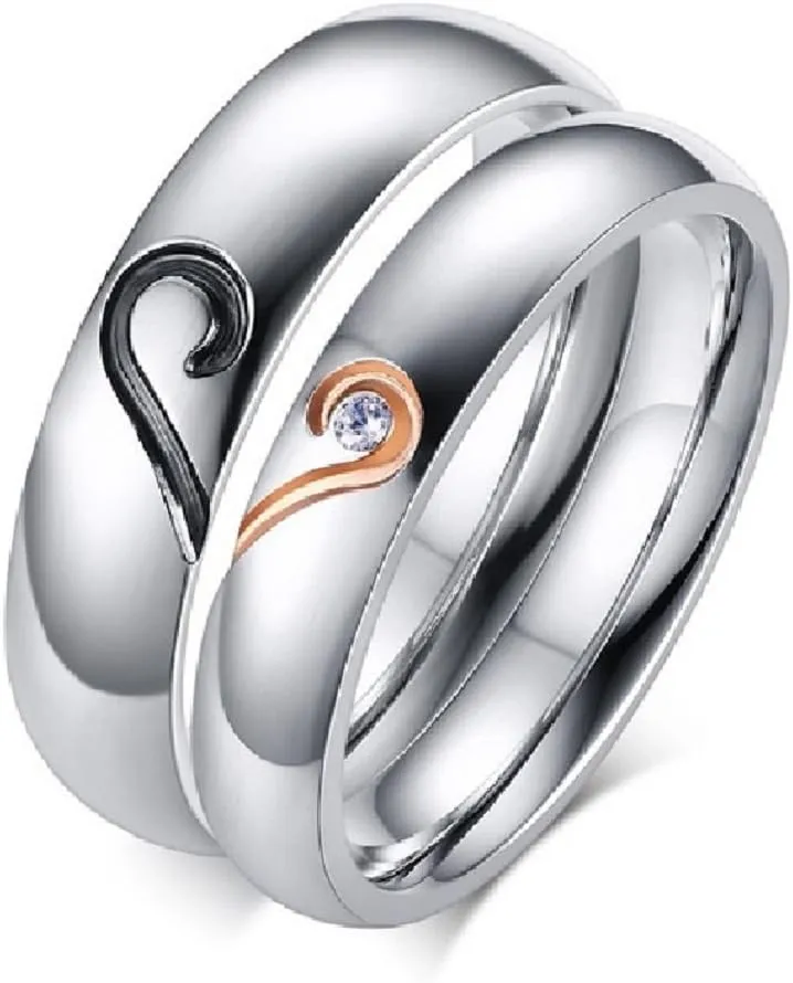 ROWAG 5MM Stainless Steel Mens Promise Heart Shape Couple Wedding Rings 4MM Womens Cubic Zirconia CZ for Him and Her Engagement Bands