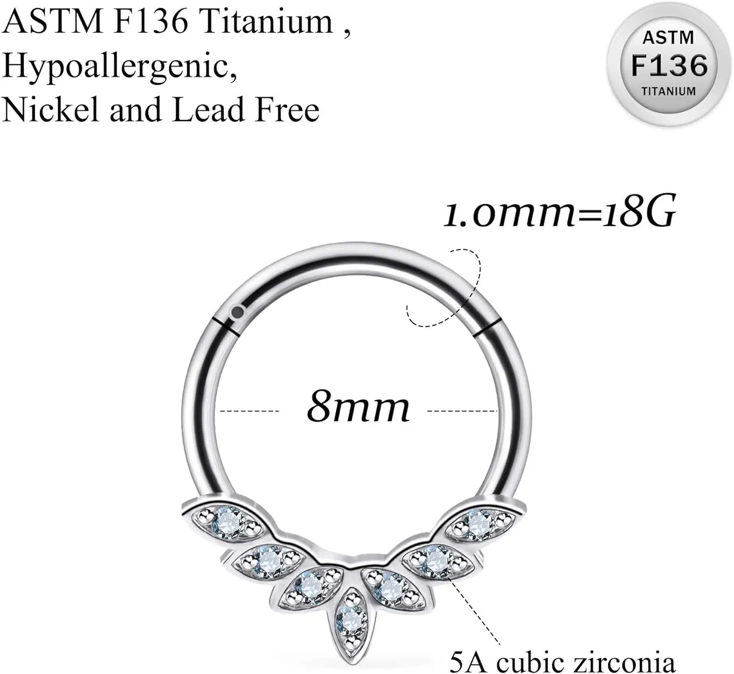 Ruifan 20G 18G 16G Titanium Nose Rings Hoops for Women Square Crown CZ Leaf Flower Clicker Hinged Septum Nose Ring Lip Helix Cartilage Hoop Earring Daith Rook Conch Body Piercing Jewelry for Women