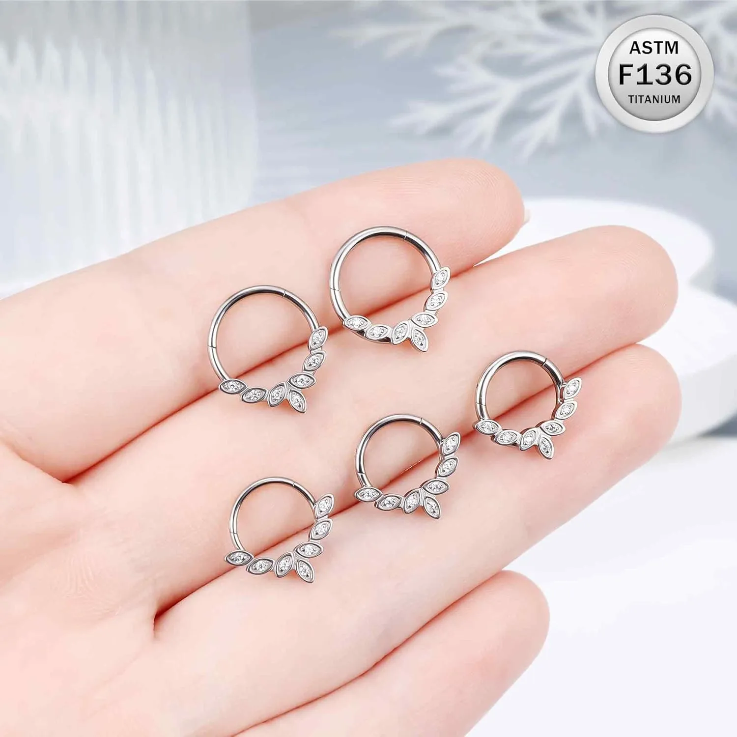 Ruifan 20G 18G 16G Titanium Nose Rings Hoops for Women Square Crown CZ Leaf Flower Clicker Hinged Septum Nose Ring Lip Helix Cartilage Hoop Earring Daith Rook Conch Body Piercing Jewelry for Women