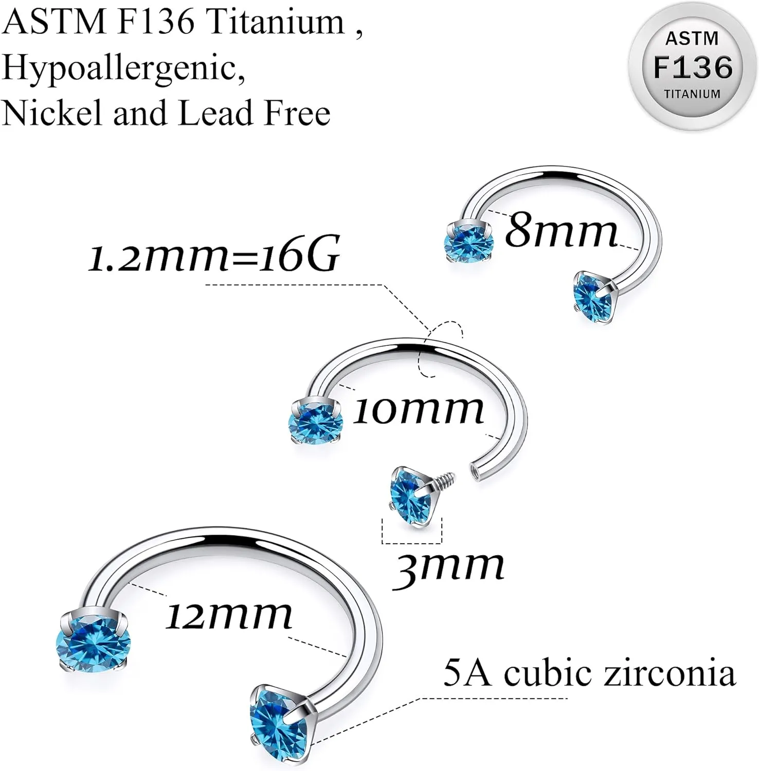 Ruifan ASTM F136 Titanium Horseshoe Nose Ring 16G Cubic Zircon Septum Rings Piercing Jewelry Internally Threaded Cartilage Conch Helix Rook Tragus Lip Earring Hoop Eyebrow For Women Men 8mm 10mm 12mm