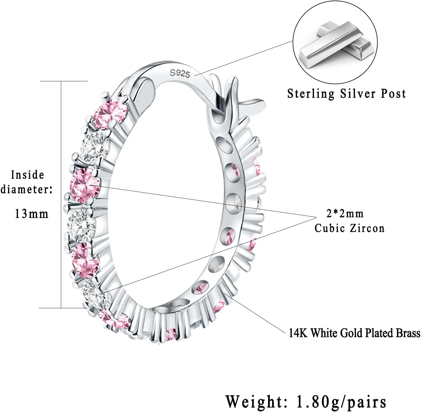 S925 Sterling Silver Earrings Hoop and Stud Sets for Women Trendy 14K White Gold Plated Hypoallergenic Cubic Zirconia Hoops Cute Lightweight Earrings Jewelry Birthday Gifts for Mom Girls