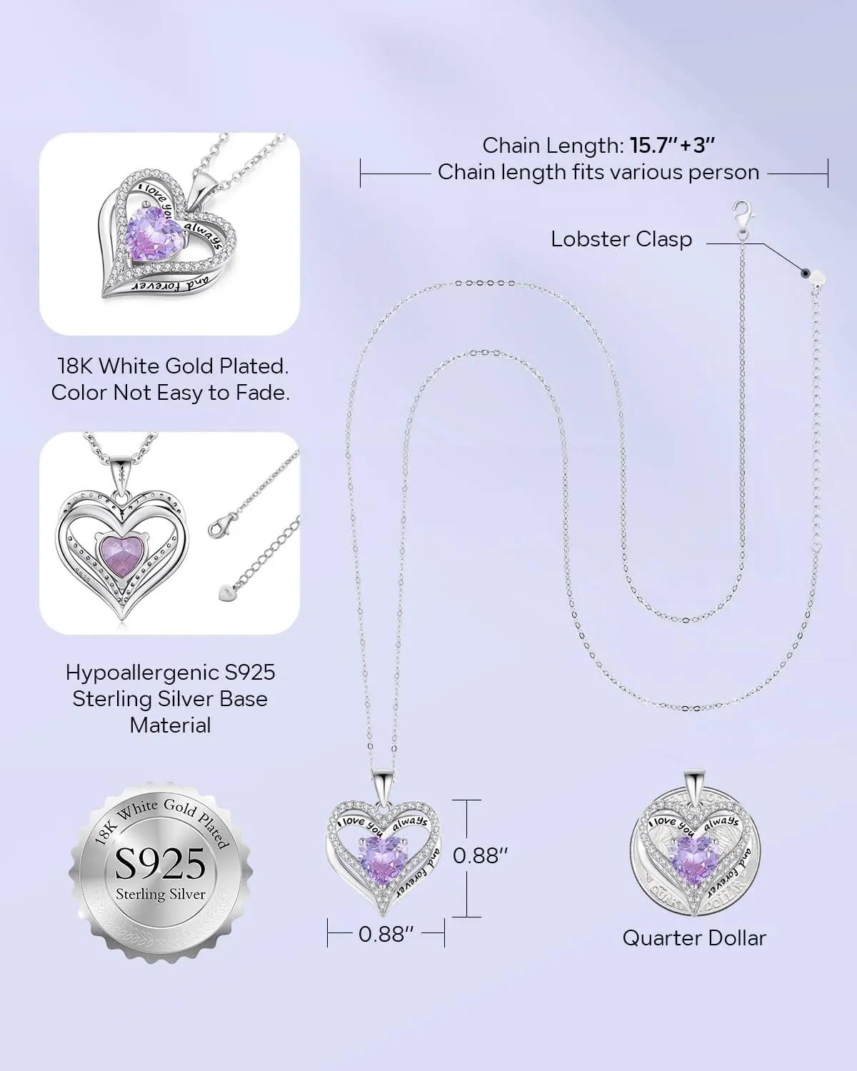 S925 Sterling Silver Necklace for Women, Wife Jewelry Rose Gold, Mom Birthday Valentines Mothers Day Gifts, Girlfriend Necklaces, Daughter Heart Jewel, Anniversary for Her