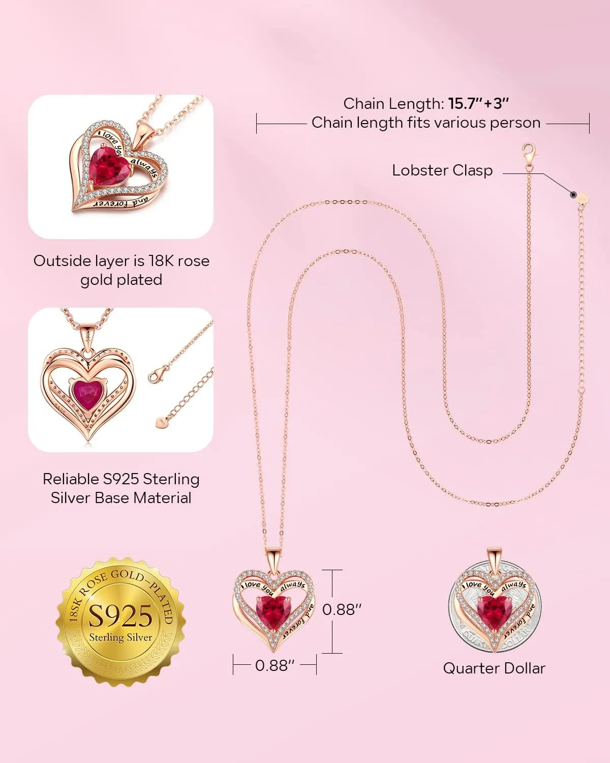 S925 Sterling Silver Necklace for Women, Wife Jewelry Rose Gold, Mom Birthday Valentines Mothers Day Gifts, Girlfriend Necklaces, Daughter Heart Jewel, Anniversary for Her