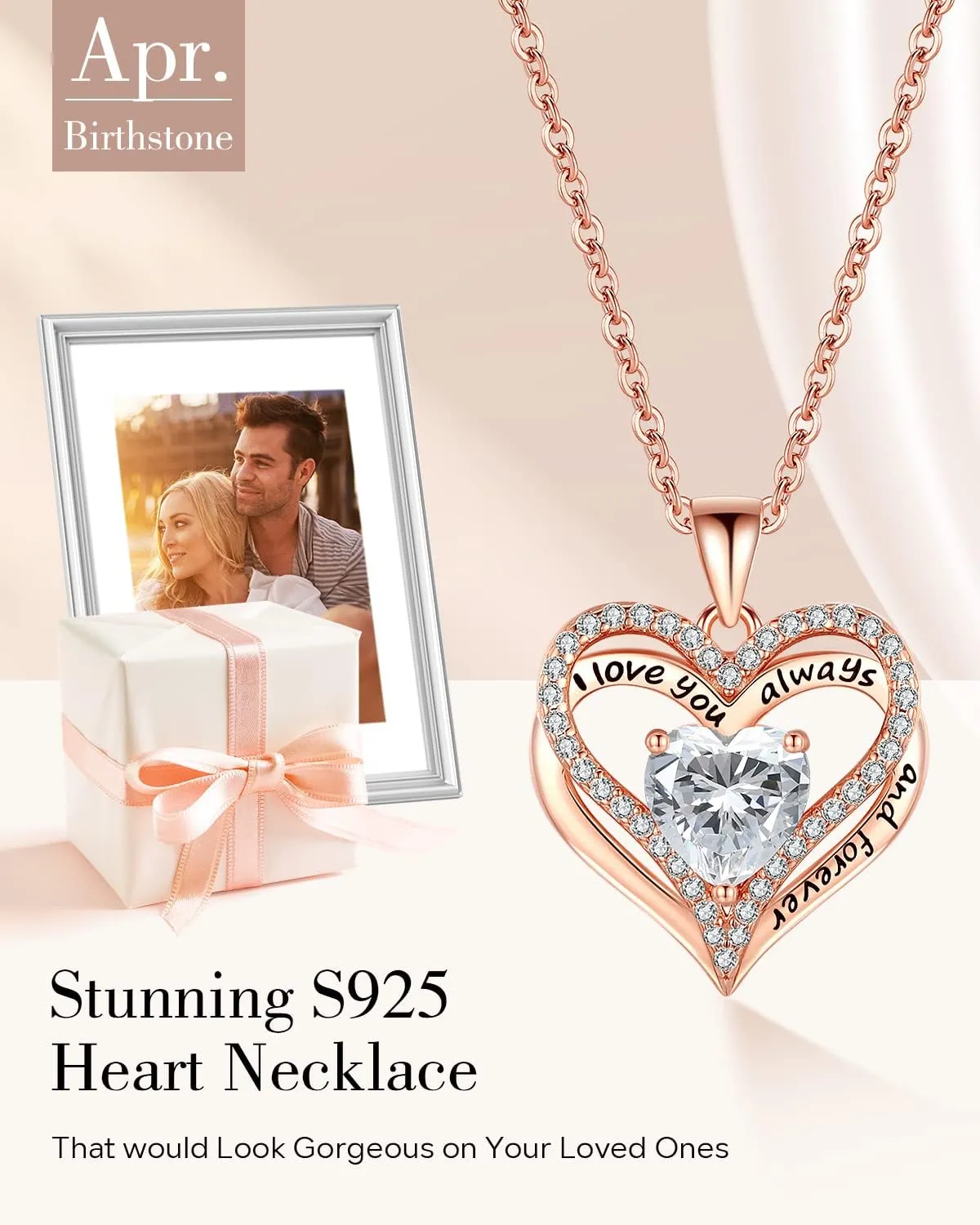 S925 Sterling Silver Necklace for Women, Wife Jewelry Rose Gold, Mom Birthday Valentines Mothers Day Gifts, Girlfriend Necklaces, Daughter Heart Jewel, Anniversary for Her