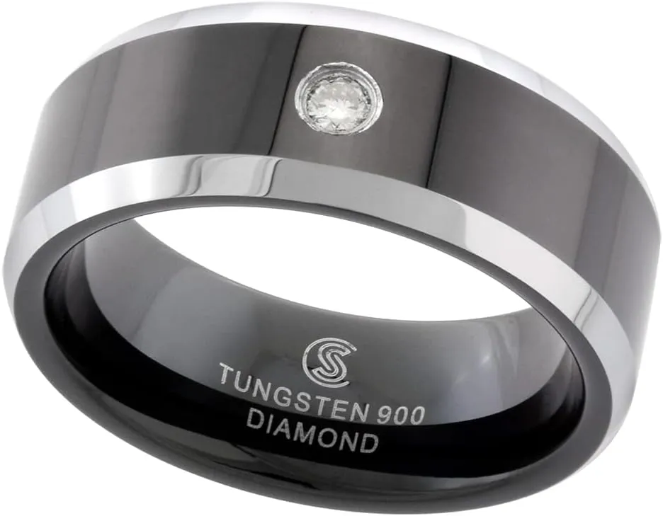 Sabrina Silver 8mm Black Tungsten 900 Diamond Wedding Ring 0.07 cttw Two-Tone Beveled Edges Comfort fit, Sizes 8 to 13
