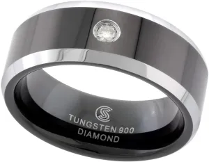 Sabrina Silver 8mm Black Tungsten 900 Diamond Wedding Ring 0.07 cttw Two-Tone Beveled Edges Comfort fit, Sizes 8 to 13