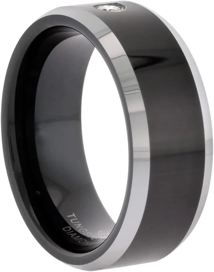 Sabrina Silver 8mm Black Tungsten 900 Diamond Wedding Ring 0.07 cttw Two-Tone Beveled Edges Comfort fit, Sizes 8 to 13