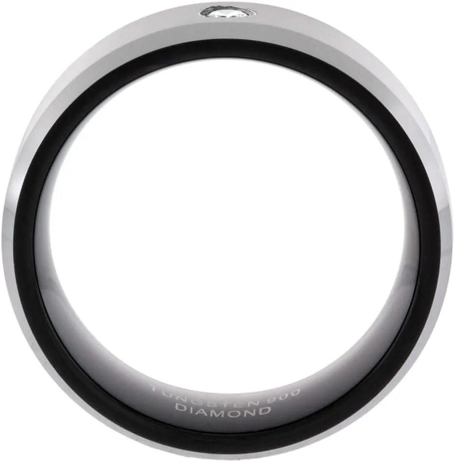 Sabrina Silver 8mm Black Tungsten 900 Diamond Wedding Ring 0.07 cttw Two-Tone Beveled Edges Comfort fit, Sizes 8 to 13