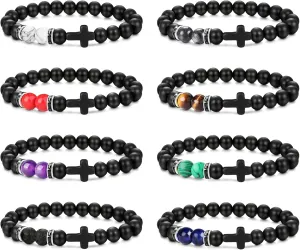 SAILIMUE 8 Pcs Cross Bead Bracelets for Women Men 8mm Tiger Eye Lava Rock Stone Stretch Elastic Cross Bracelet Set