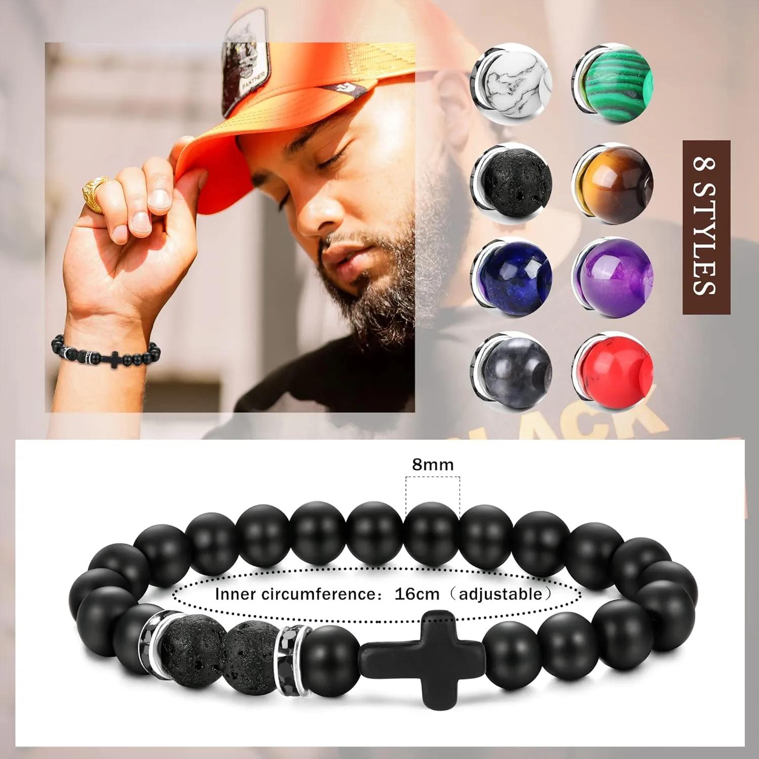 SAILIMUE 8 Pcs Cross Bead Bracelets for Women Men 8mm Tiger Eye Lava Rock Stone Stretch Elastic Cross Bracelet Set