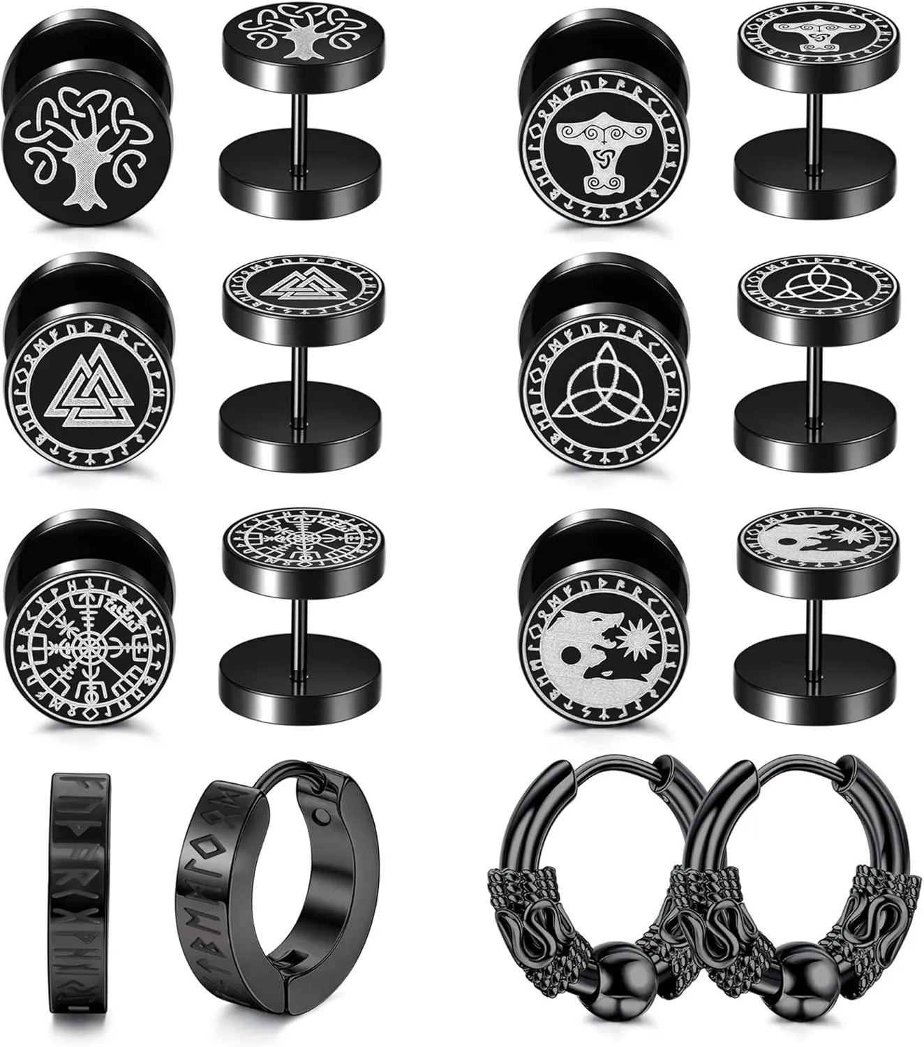 SAILIMUE 8Pairs Viking Earrings for Men Stainless Steel Norse Viking Stud Earrings Fake Gauges Plug Viking Huggie Hoop Mens Earrings Wolf Runes Divination Piercing Jewelry 18G Black