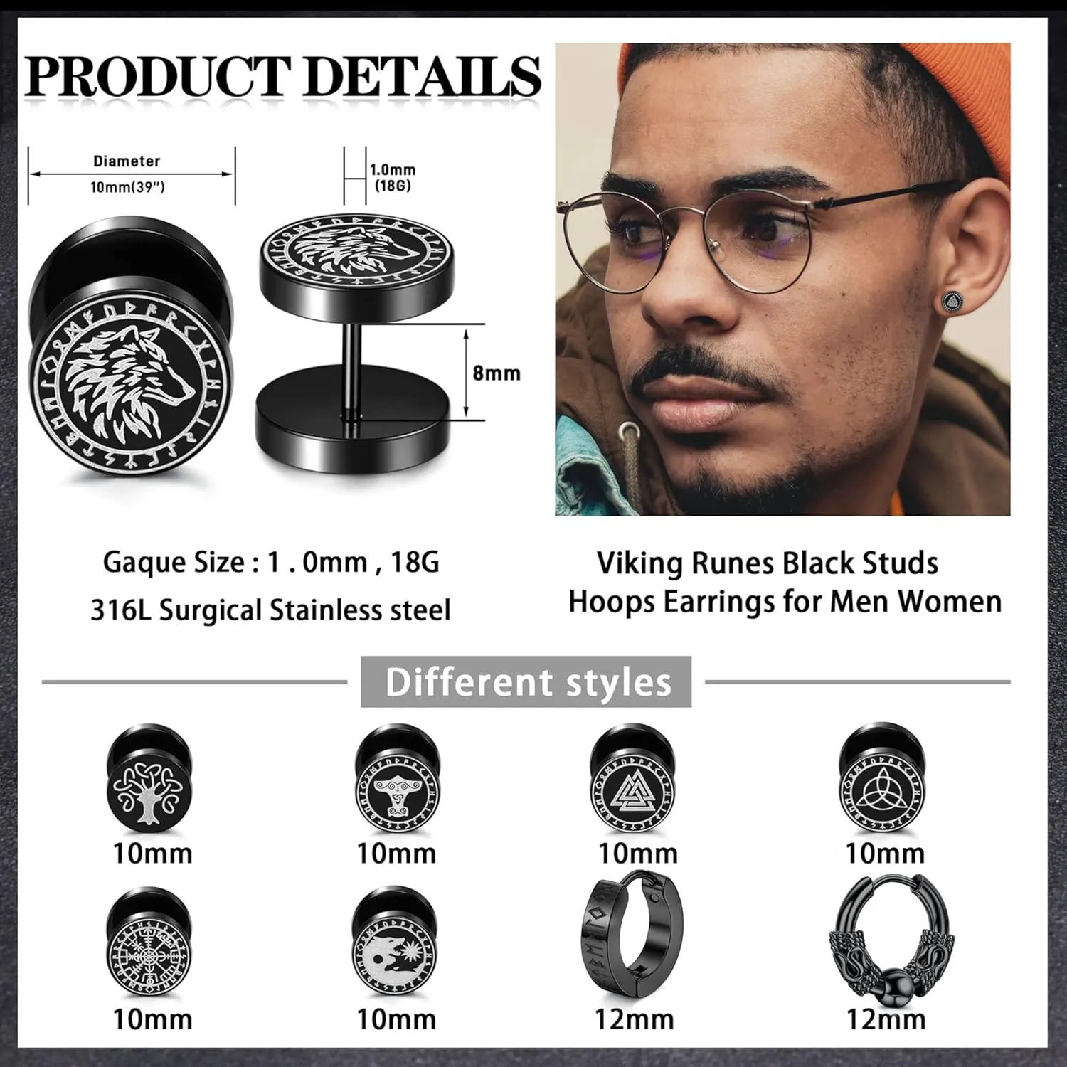 SAILIMUE 8Pairs Viking Earrings for Men Stainless Steel Norse Viking Stud Earrings Fake Gauges Plug Viking Huggie Hoop Mens Earrings Wolf Runes Divination Piercing Jewelry 18G Black