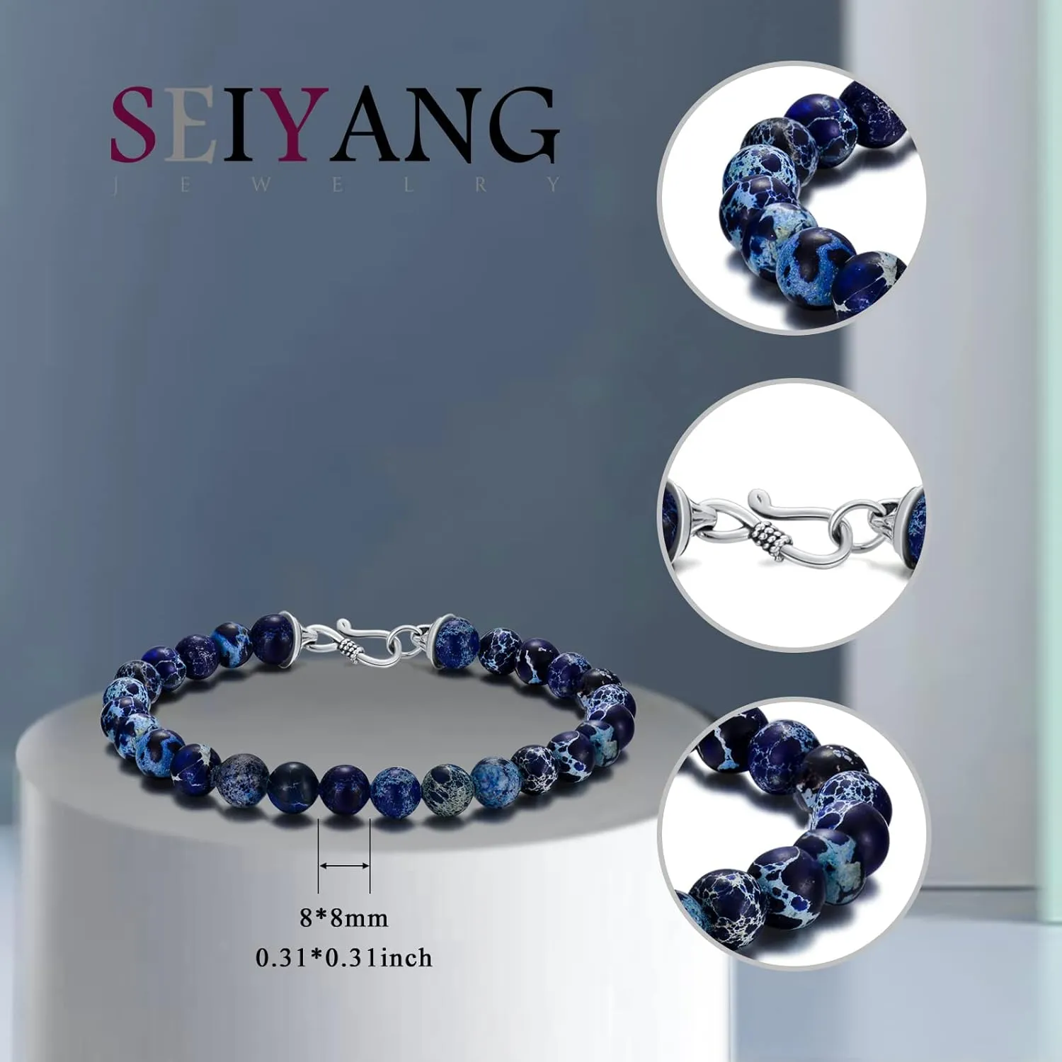 Seiyang Men's Beaded Bracelets Gifts Mens Bracelet of 8mm Natural Pattern Stone with Sterling Silver Design S Hooks Clasp (with Gift Box)