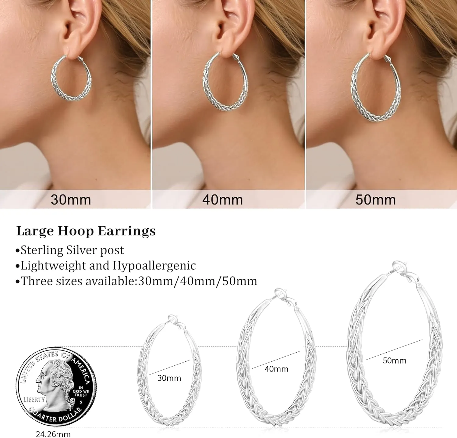 Senteria Silver Hoop Earrings for Women Hypoallergenic 925 Sterling Silver Post Hoop Earrings Lightweight Large Hoops Earring Thick Twisted Silver Hoops 30/40/50MM