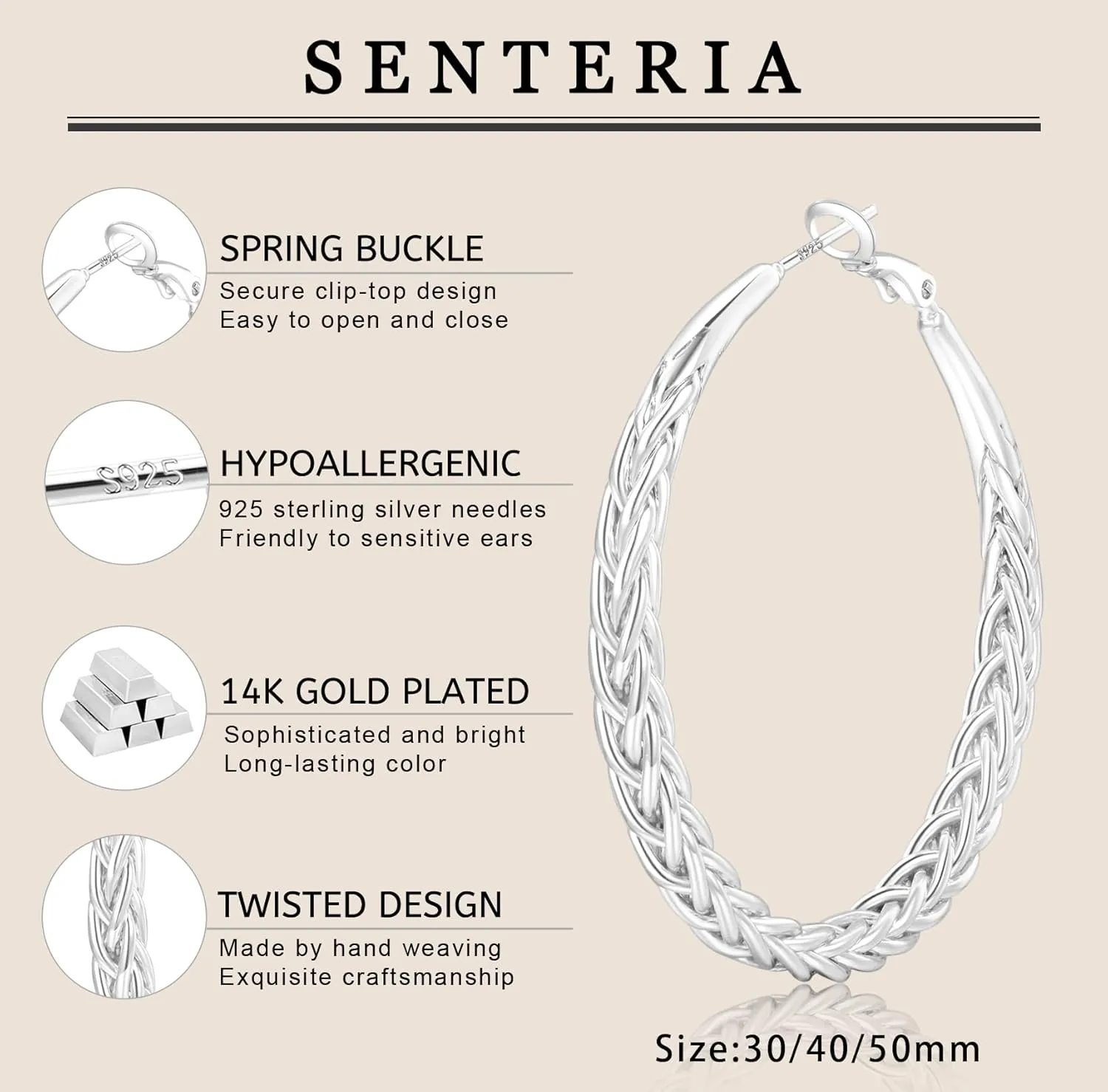 Senteria Silver Hoop Earrings for Women Hypoallergenic 925 Sterling Silver Post Hoop Earrings Lightweight Large Hoops Earring Thick Twisted Silver Hoops 30/40/50MM