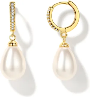 Seraphina Pearl Hoop Earrings for Women, 14K Gold Plated S925 Sterling Silver Post Lightweight Pearl Drop Dangle Huggie Hoop Earrings