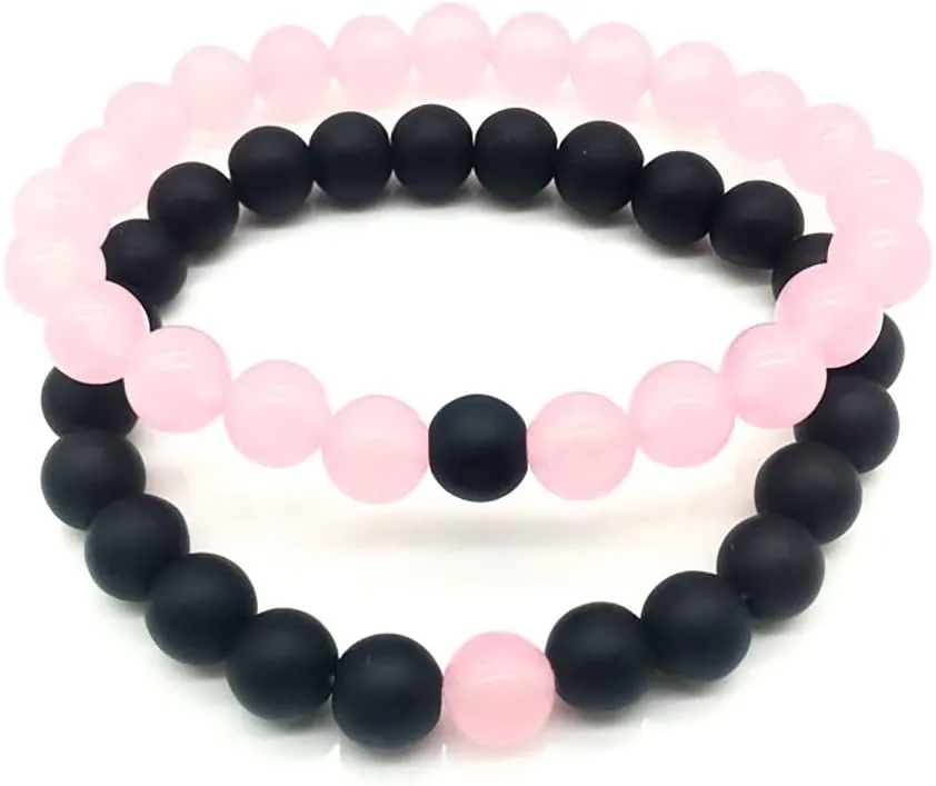 Set of 2 Womens Mens 8mm Handmade Couples Distance Beads Bracelets Friendship Couple Jewelry Round Energy Stone Beads Gemstone Beaded for Valentine Birthday (Pink chalcedony & Black Matte Agate)