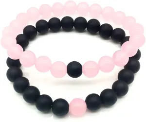 Set of 2 Womens Mens 8mm Handmade Couples Distance Beads Bracelets Friendship Couple Jewelry Round Energy Stone Beads Gemstone Beaded for Valentine Birthday (Pink chalcedony & Black Matte Agate)