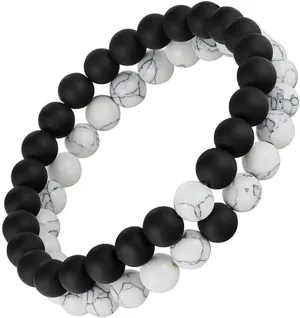 Set of 2 Womens Mens 8mm Handmade Couples Distance Beads Bracelets Friendship Couple Jewelry Round Energy Stone Beads Gemstone Beaded for Valentine Birthday (White Howlite & Black Matte Agate)