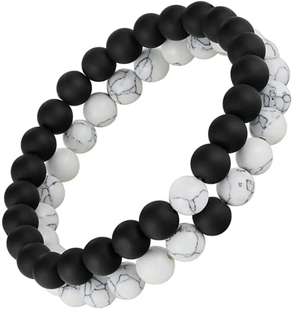 Set of 2 Womens Mens 8mm Handmade Couples Distance Beads Bracelets Friendship Couple Jewelry Round Energy Stone Beads Gemstone Beaded for Valentine Birthday (White Howlite & Black Matte Agate)