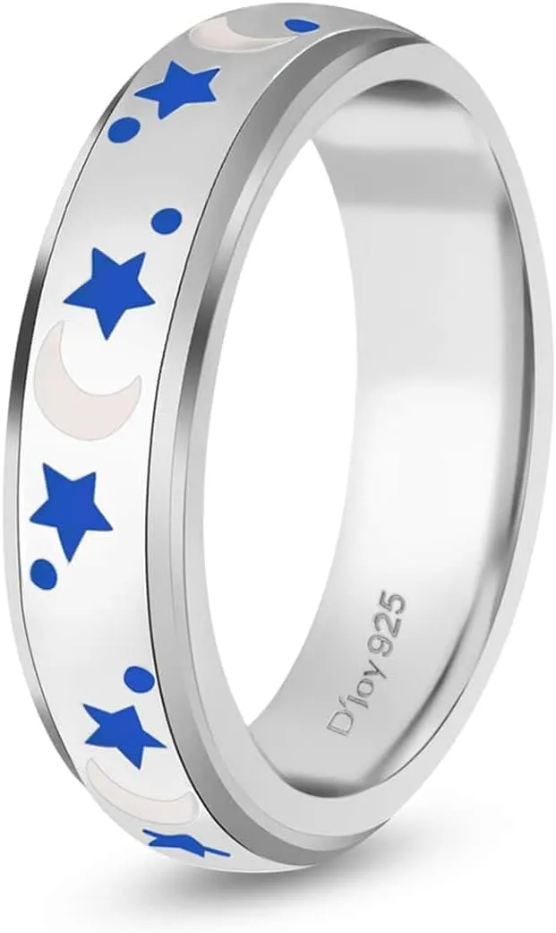 Shop LC Men Women 925 Sterling Silver Moon Star Anxiety Spinner Ring Enamel Stress Relieving Ring - Vermeil Yellow Gold/Platinum Plated Boho Wedding Anniversary Band Ring Birthday Gifts for Women