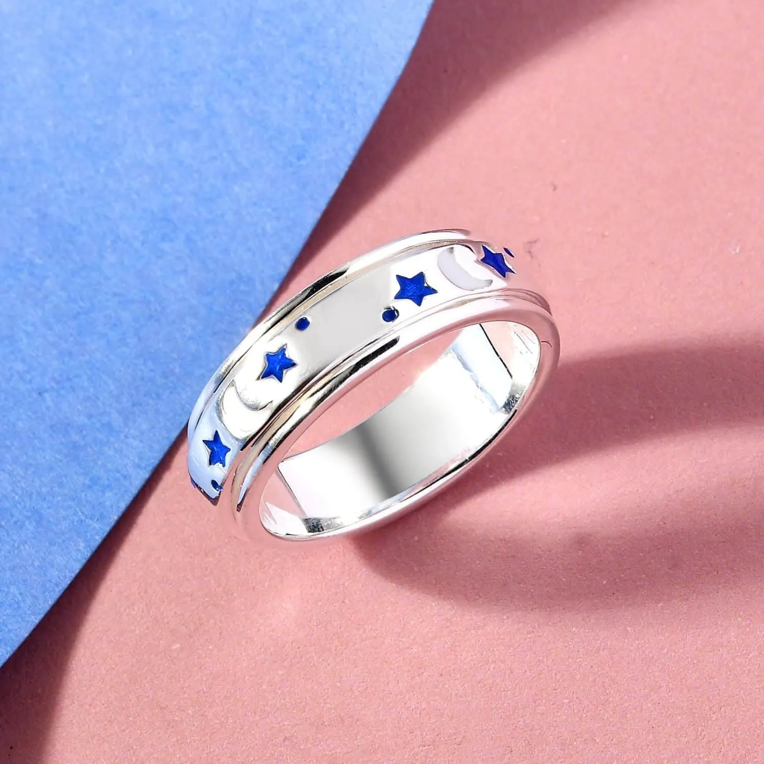 Shop LC Men Women 925 Sterling Silver Moon Star Anxiety Spinner Ring Enamel Stress Relieving Ring - Vermeil Yellow Gold/Platinum Plated Boho Wedding Anniversary Band Ring Birthday Gifts for Women