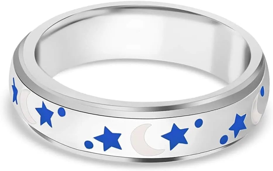 Shop LC Men Women 925 Sterling Silver Moon Star Anxiety Spinner Ring Enamel Stress Relieving Ring - Vermeil Yellow Gold/Platinum Plated Boho Wedding Anniversary Band Ring Birthday Gifts for Women